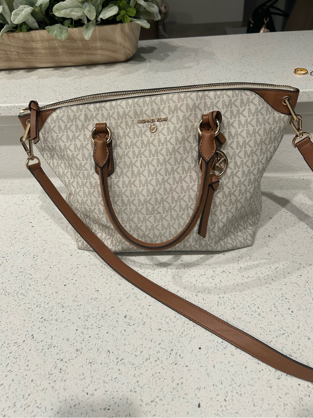 Michael Kors Cream and Brown Signature Shoulder Tote